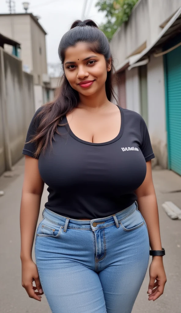 A beautiful woman from Ghana, sehr schlank, mit langen Haaren, big breasts, smiling, auf einem Boot mit T-Shirt und Jens
