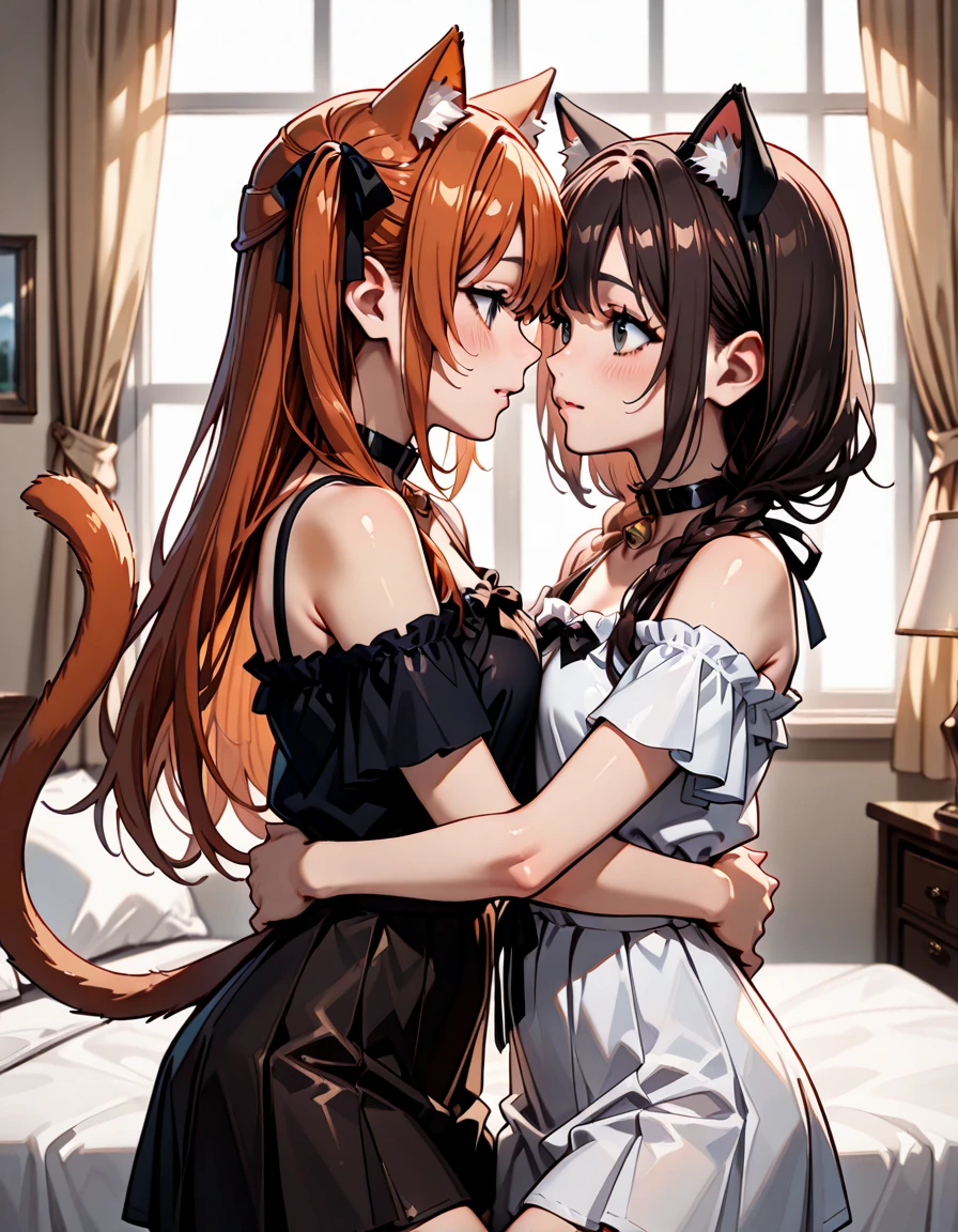 heart-shaped pupils, multiple_girls, animal_ears, holding_hands, 2girls, breasts, choker, sparkle_background, pantyhose, fox_ears, smile, interlocked_fingers, long_hair, symmetrical_docking, cleavage, tail, playboy_bunny_leotard, bare_shoulders, brown_hair, strapless, wrist_cuffs, red_leotard, brown_legwear, looking_at_viewer, pink_background, hands_together, collarbone, huge_breasts, yuri, breast_press, glowing eyes, sparkle, from side