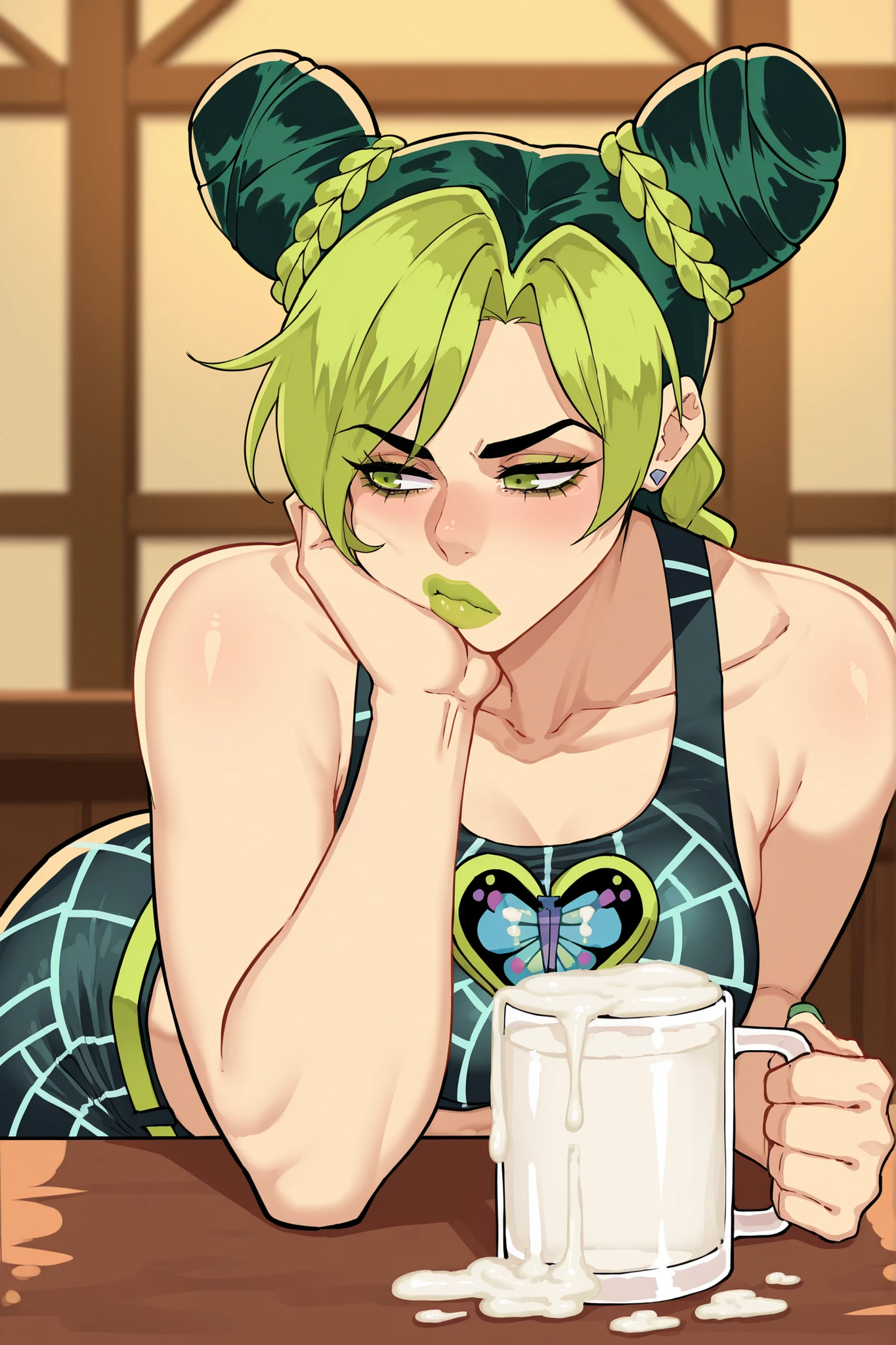 masterpiece, best quality, amazing quality, very aesthetic, absurdres, highres, newest,1girl,Jolyne Kujo,(white creamy liquid in mug), cyboii,cum in mug,open mout