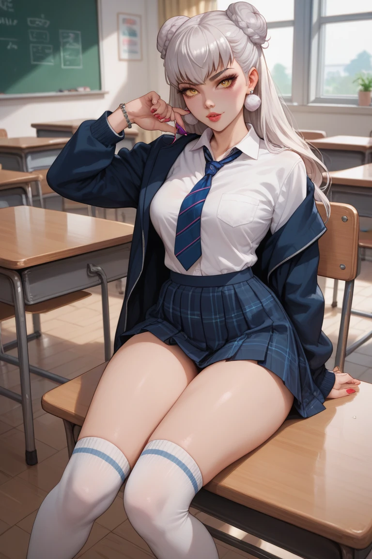 amazing artwork of sexy school girl, , porn actress cropped ,no clothes, underboob, miniskirt, pantyshot, long silver hair, makeup, detailed face, ahegao, materpiece, d, amazing lighting, in classroom, artstation, award winning, stunning, aesthetic, depth, shading, sitting, legs spread apart