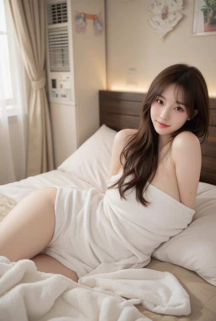 16k, ultra high res, best quality, high quality, masterpiece:1.3), (a professional photo of girl), RAW photo, realistic illustration, (ultra detailed eyes and face), (ultra detailed beautiful skin), (full body shot), elegant sleek smooth body, sultry body, perfect body, attractive body, photorealistic perfect body, Petite facial features, Super Detail Beautiful Natural Skin, natural makeup, (black hair), narrow waist, ((slender)), (wide ????), cleavage, (black hair), she is very ????, she is cute and beautiful, skinny waist and thick ????, curvy figure, attractive body, curvy model, smile, (full body shot), ((slender)), ???? look, there is a woman sitting on a bed with a white shirt, sitting on the bed, sitting on a bed, young sensual gravure idol, young pretty gravure idol, japanese goddess, realistic young gravure idol, sitting on edge of bed, posing in a bedroom, posing in bed, young gravure idol, in white room