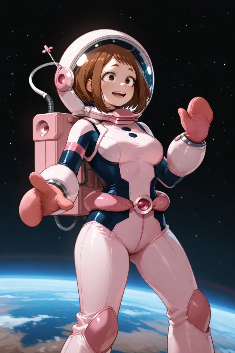 [ochako uraraka], [Boku no hero academia], ((masterpiece)), ((HD)), ((high quality)), ((solo portrait)), ((front view)), ((full body)), ((anime)), ((Kohei Horikoshi)), ((detailed shading)), ((cel shading)), ((intricate details)), {ochako, (rosy cheeks), big round brown eyes, short brown hair, short eyelashes, large , (gorgeous hips), (beautiful legs), ((thicc)), (beautiful lips), (cute smile)}, {(hero costume), (bodysuit)}, {(leaping), (arms above head), (looking at viewer)}, [Background; (sidewalk), (blue sky), (sun rays)]