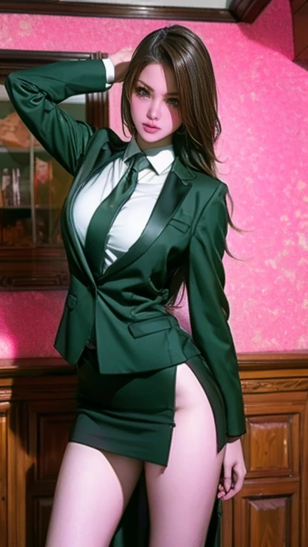 masterpiece, highest quality, Very detailed, To the camera, 複雑に詳細なVery detailed, Realistic, Sharp features, Very detailed, Sharp focus, Perfect Face, Perfect Face, Perfect symmetry and perfect eyes, Perfect Plump Lips, Flexible female form, Cinematic, Film Light, Very detailed, hyper Realistic, masterpiece, Atmospheric, High resolution, Vibrant, Dynamic Studio Lighting, ((Dark Background)), The expression when enduring pleasure, Straight bangs, 、blue eyes、Dark purple business jacket、shirt、(Red tie)、Exposed thighs、(Green Hair 1.5)、Back view