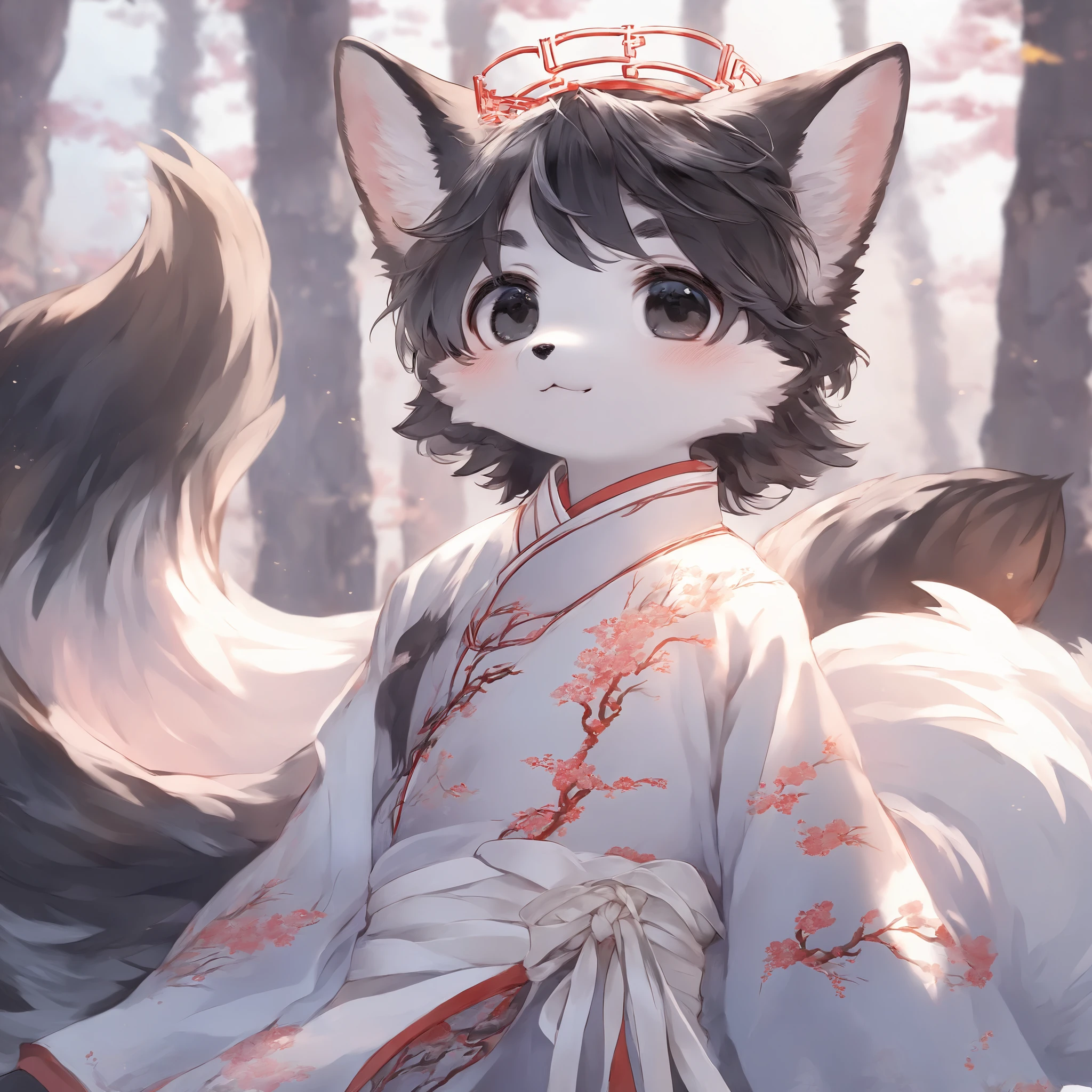 fox MLAE BLACK , Military quality, kemono , furry , Chinese style , forest , BLACK hair , BLACK eyes , slim , two fluffy tails , cute , Iron color CHINA king, Watertight eyes , "highly detailed, soft light, anime style, pastel colors" slim . male