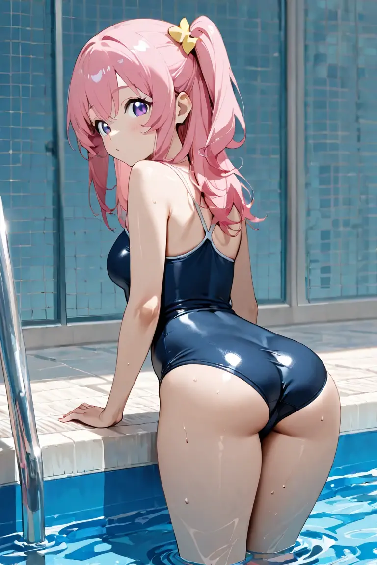 best quality, insanely detailed, nino nakano, one piece swimsuit, breasts, blush, Spread legs, swimming pool, back style,one-piece swimsuit