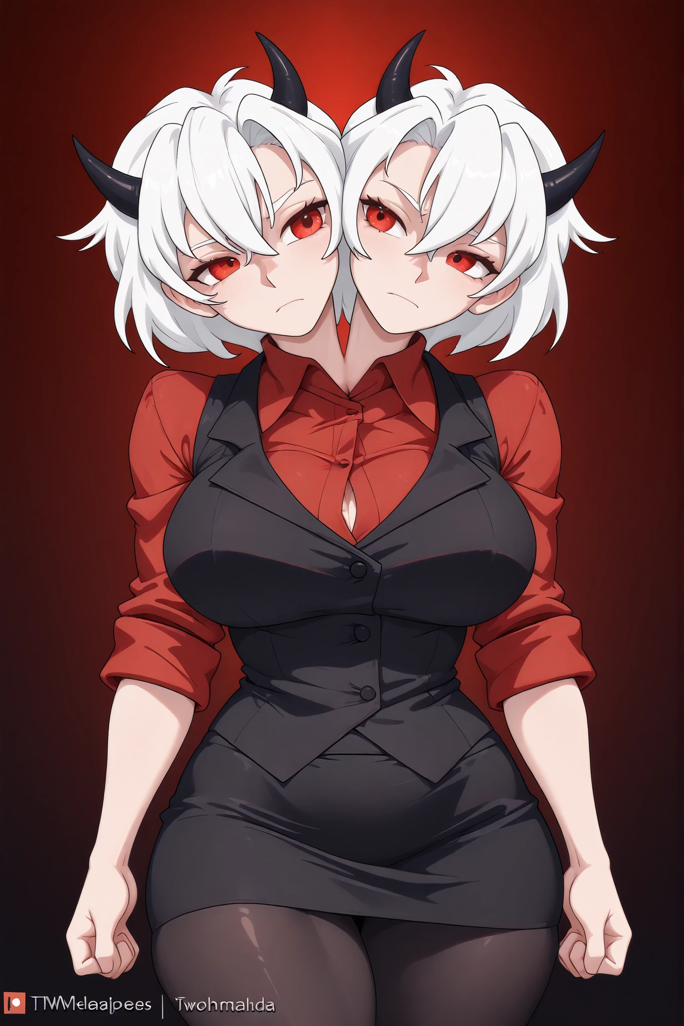 2heads, 2girls, twoheads, a tall thin giris with 2 heads, conjoined, white hair, red eyes, htmalina, demon horns, red shirt, sleeves rolled up, black vest, waistcoat, black skirt, black pantyhose, front shots, large breasts,