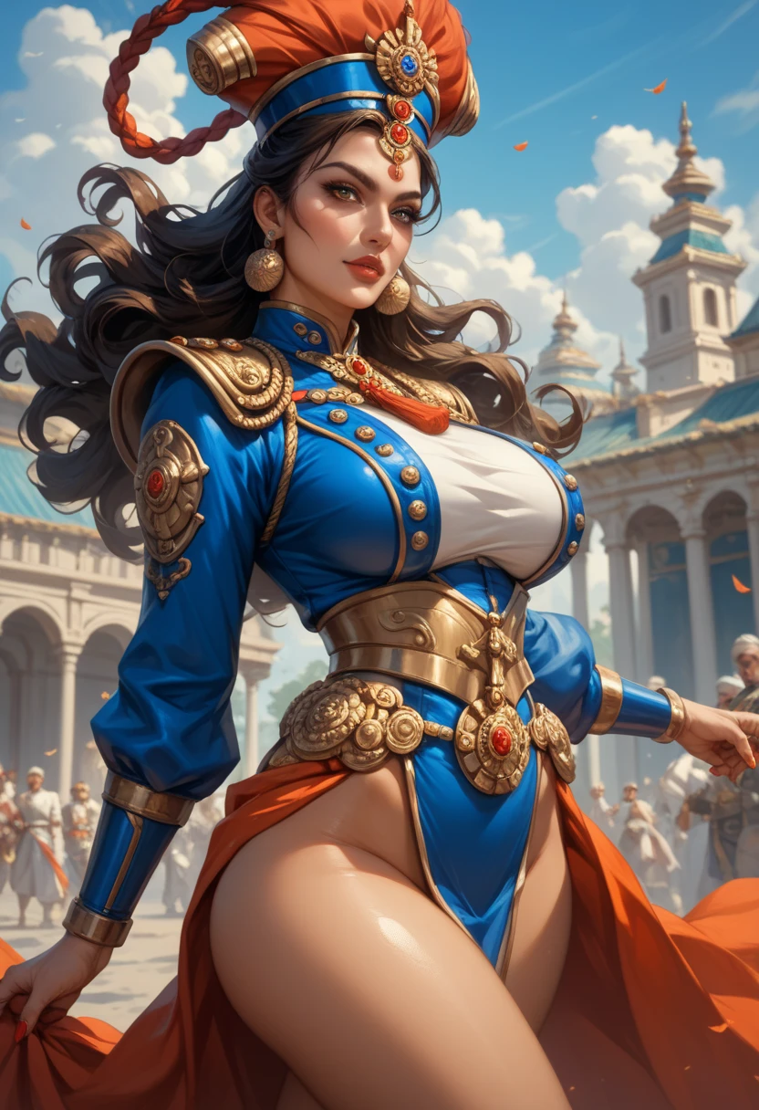 Rhea Chakraborty as a beautiful 21-year-old woman, She wears a gorgeous navy blue gagra and a long blouse, Eye mascara, eyeshadows, long eyeslashes, gold jewerly , Large breasts, Stand in the palace, Upper body, Front view, gros-plan, Pubic hair visible, ((wet breasts)), ((wet nipple)), ((shiney breasts))
