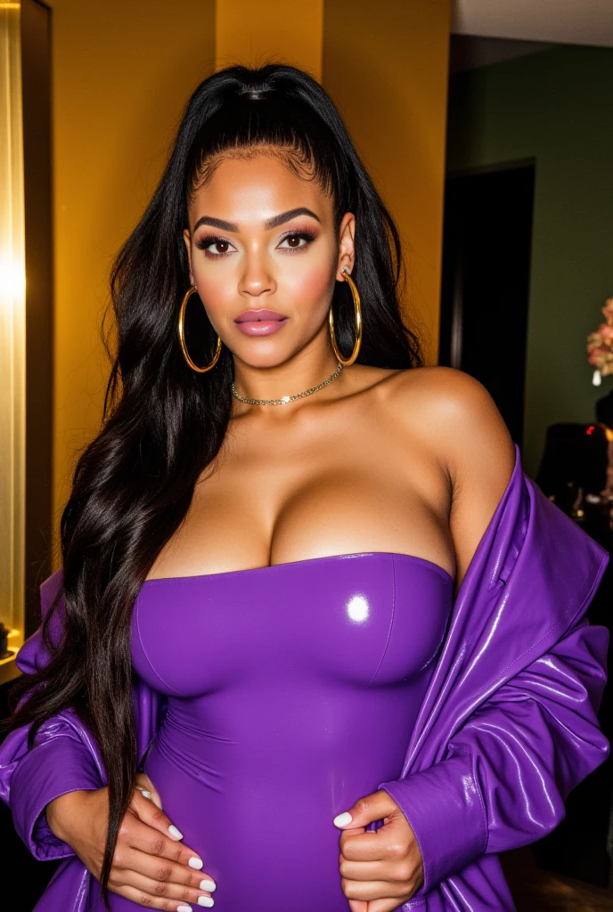 Lauren London with purple hair at a concert completely naked and smiling