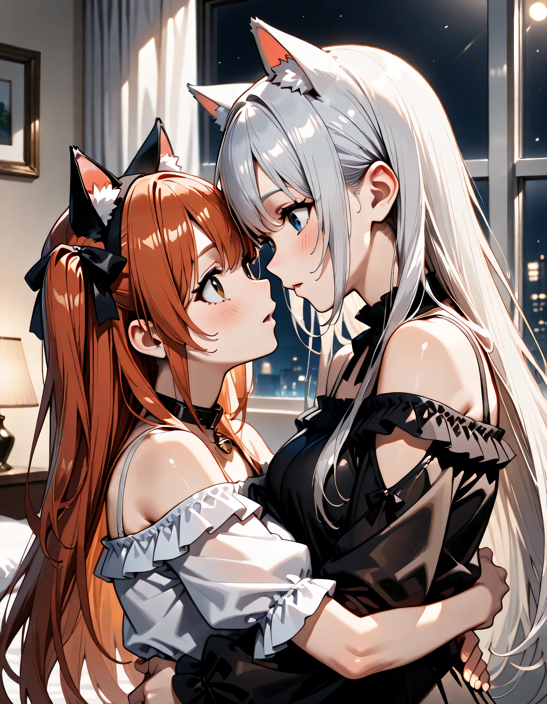 (score_9, score_8_up, score_7_up), source_Anime, absurd_res, white, blue, black, 2girls, duo, upper body, super fine illustration, an extremely delicate and beautiful, best quality, masterpiece, 8K, night setting, upper body:1.3, moe anime character, (2girls), dainty facial structure, baby face, round face, rounded chin:1.2, ideal ratio body proportions, Marika, CatGirl, face to face pose, silver hair, red hair, two side up, ponytail hair, hair ribbon with black, ((cat ears:1.3)), blue eyes, purple eyes, yuri, face-to-face, eye contact, mutual hug:1.3, breast press:1.3, off-shoulder with bluepurple, culotte skirt with beige, youth fashion, casual fashion, on the bed:1.3, gentle smile:1.2, dynamic pose, contrapposto pose, best quality, masterpiece, roomlight, soft lighting, side lighting, from side, delicate color palette, detailed clothing folds, flowing hair, spring night vibe, highly detailed rendering, breathtaking composition,