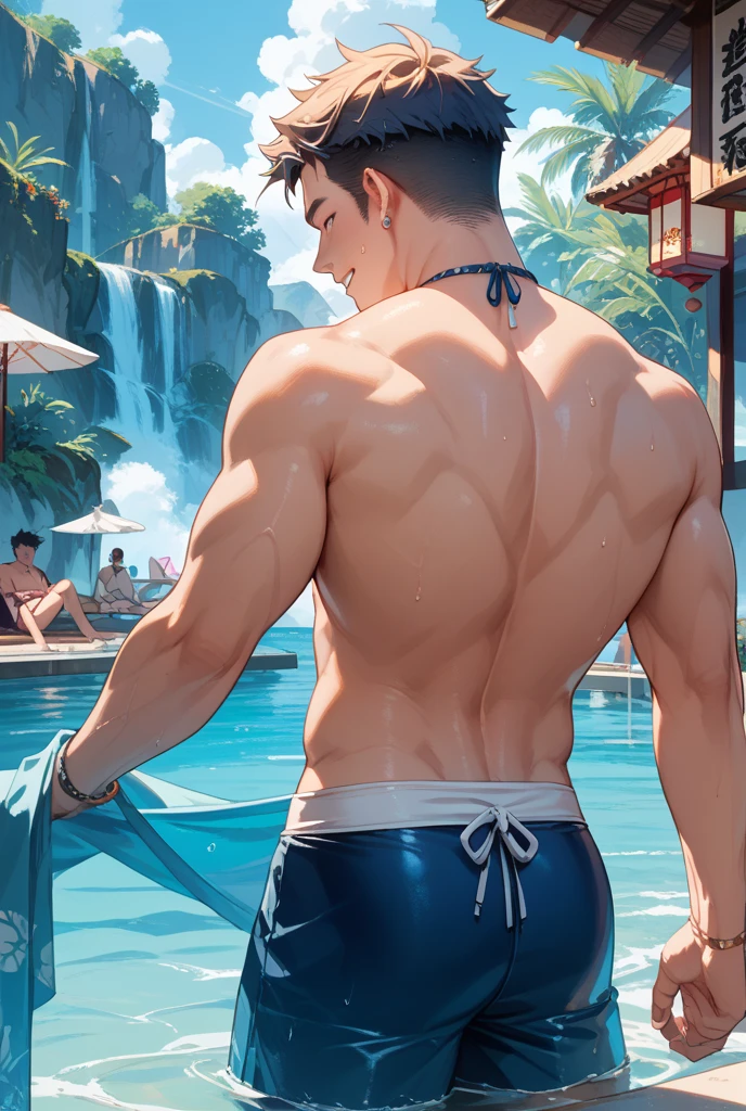 Masterpiece, oil painting, in the style of Caravaggio, ((young guy)) a pearl diver, swims to a pearl in a shell, wearing only a short loincloth, a thin rope between his buttocks, Hispanic youth, Back view  