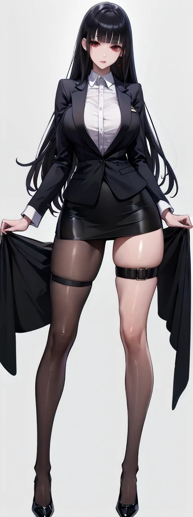 masterpiece, best quality, high resolution, highres, absurdres, extremely delicate and beautiful, ultra detailed, perfect details, from blow, white background, simple background, looking at viewer,
shiny skin, 1girl, red eyes, black hair, full body, very long hair, black pantyhose, thigh strap, standing, bangs, skirt, formal, black blazer, black footwear, long sleeves, id card, large breasts, blunt bangs, high heels,