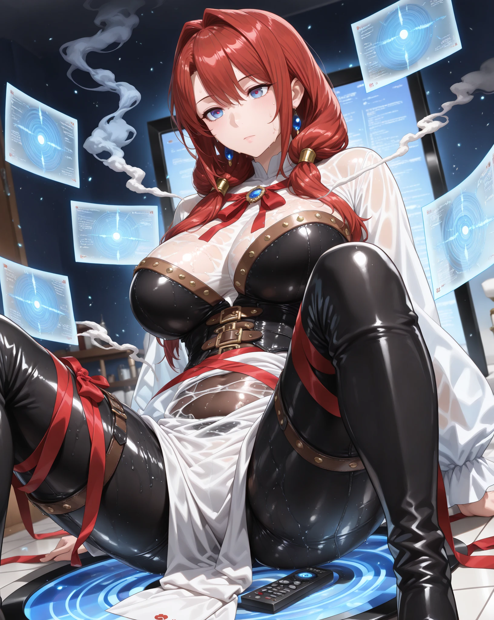 Highest quality, masterpiece , wallpaper, One beautiful girl, Highly detailed eyes and face, Beautiful attention to detail, Blue Eyes , Beautiful dark red hair , deep night, 20-year-old , Large Breasts、Nipples , Hairstyle Nuance Long , Mole on cheek , Ahegao , Ecstasy face , Masturbation Climax , Sticking out tongue , Drooling from the mouth , Nakano May , sweating , Costumes Shiny , show off your vagina , Pose to invite men , no bra no pants , Expression of sigh , time night , lick , face dripping , right hand between legs , breast grab , full body , spread legs