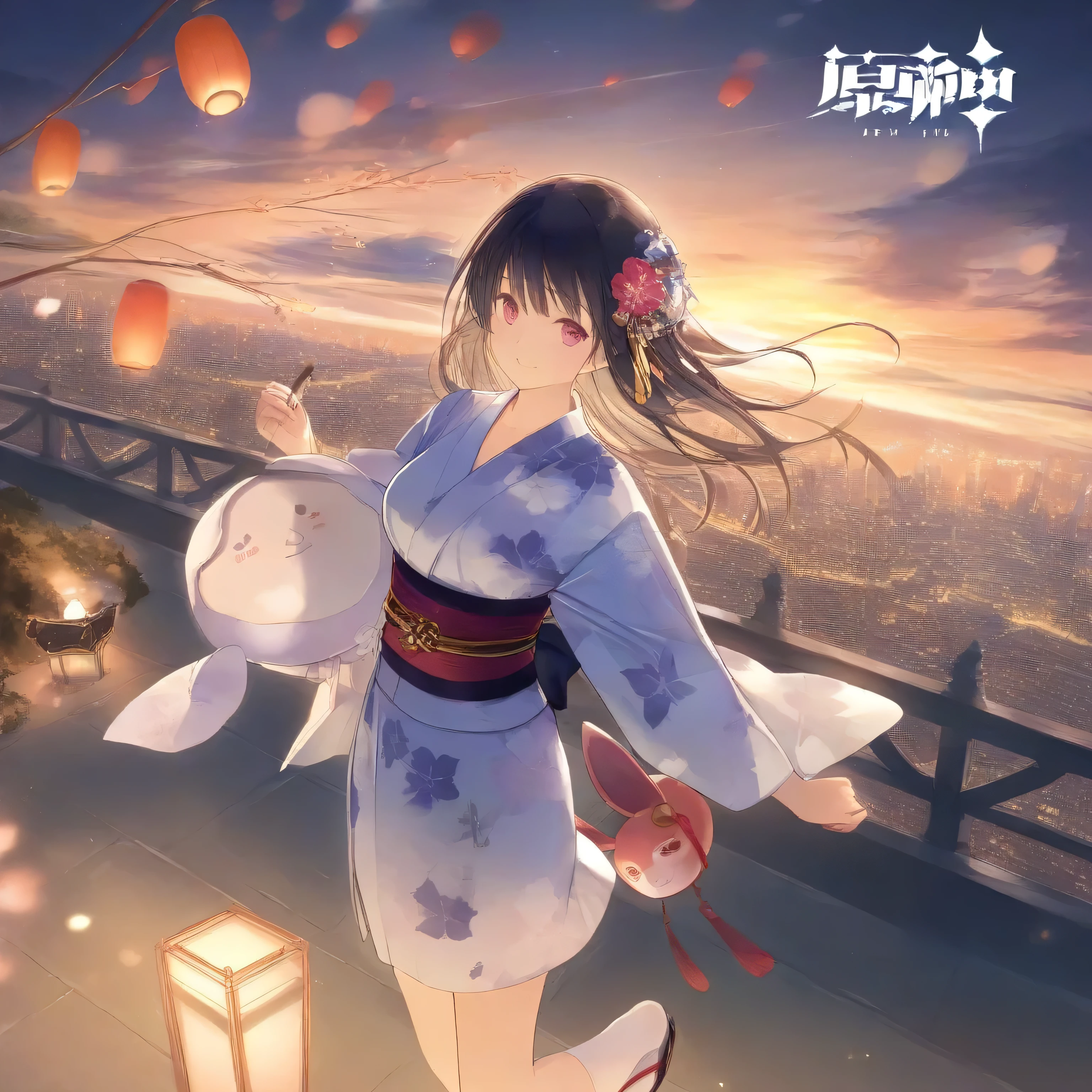 masterpiece, best quality, 1girl, hakurei reimu, black hair, black hair, glowing eyes, sideboob, (long skirt), yin yang orb, nightlight, bare hand, detail background, shrine, river, cherry blossoms, flower scatter, red sky, starry sky, moon, from side,