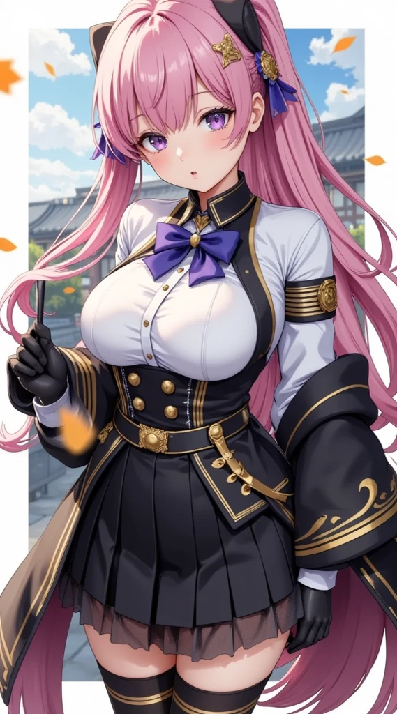  (masterpiece,  computer, mejor quality,  Clear focus, shadow, anime style, Ultra high resolution, 8K, perfect , rostro perfecto, (detailed face), (  Detailed eye  ), score_9, score_8_up, score_7_up, score_6_up, score_5_up, score_4_up,  source _Animated, Label 1, Label2, quality_masterpiece, anatomically correct, beautiful face, rostro perfecto, Beautiful and highly detailed face and eyes, Attractive face, detailed face, Delicate facial features, detailed leather, pechos enormes,  size cup D or DD, wide , gigantic  texture, thick thighs. Anime style illustration with an attractive and sensual appearance Steampunk fantasy style. She has long pink hair,  tied in a tall ponytail ,  with loose locks .  Her eyes are large and purple , with a cheerful and confident expression. She wears an elegant military-style uniform with gold and violet details, a short skirt with ruffles and gold trim. Her white blouse is tight and Victorian style with vertical lines, and wears a purple ribbon with a jewel in the center. She wears black and red gloves on both hands, y holds a black cane. Her hair includes a black ornament with red and gold ribbons. Clear blue sky background, soft clouds and traditional Japanese architecture in the distance, with floating autumn leaves. 