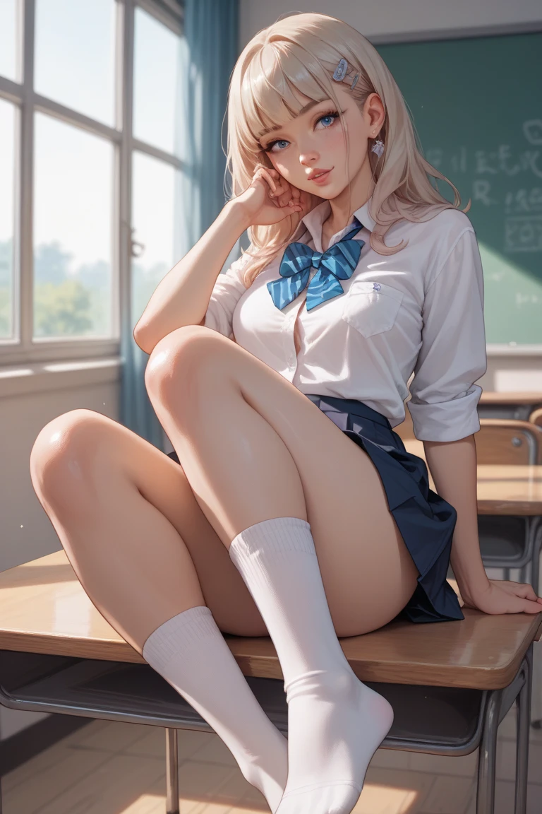 Bare chest.female pervert.Beautuful Women.White underwear.legs are open.sitted.Dewy.Put your hands on your feet.Classroom environment.