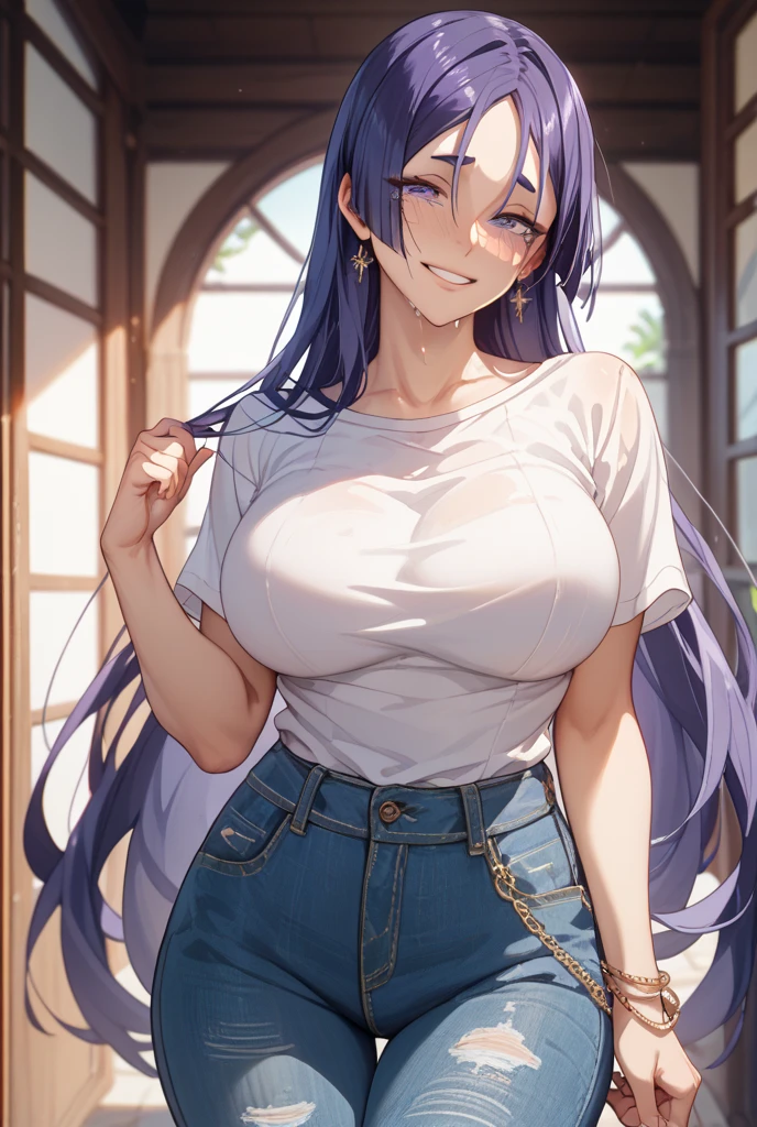 (masterpiece), best quality, high resolution, extremely detailed, detailed background, perfect lighting,(absurdly long hair:1.4), glenn litbeit, long hair, blue eyes, black hair, hair between eyes,female focus,(large breasts:1.5),slim figure.narrow waist.wide hips,(t-shirt:1.5), denim shorts, collarbone, pleasure the pain, mosachist, closed mouth, cute pose, BREAK indoors, hot springs, BREAK looking at viewer, (cowboy shot:1.5), BREAK, (masterpiece:1.2), best quality, high resolution, unity 8k wallpaper, (illustration:0.8), (beautiful detailed eyes:1.5), extremely detailed face, perfect lighting, extremely detailed CG, (perfect hands, perfect anatomy), solo, ultra beautiful, ((((feminine)))),slim figure,narrow waist, hands on own hips