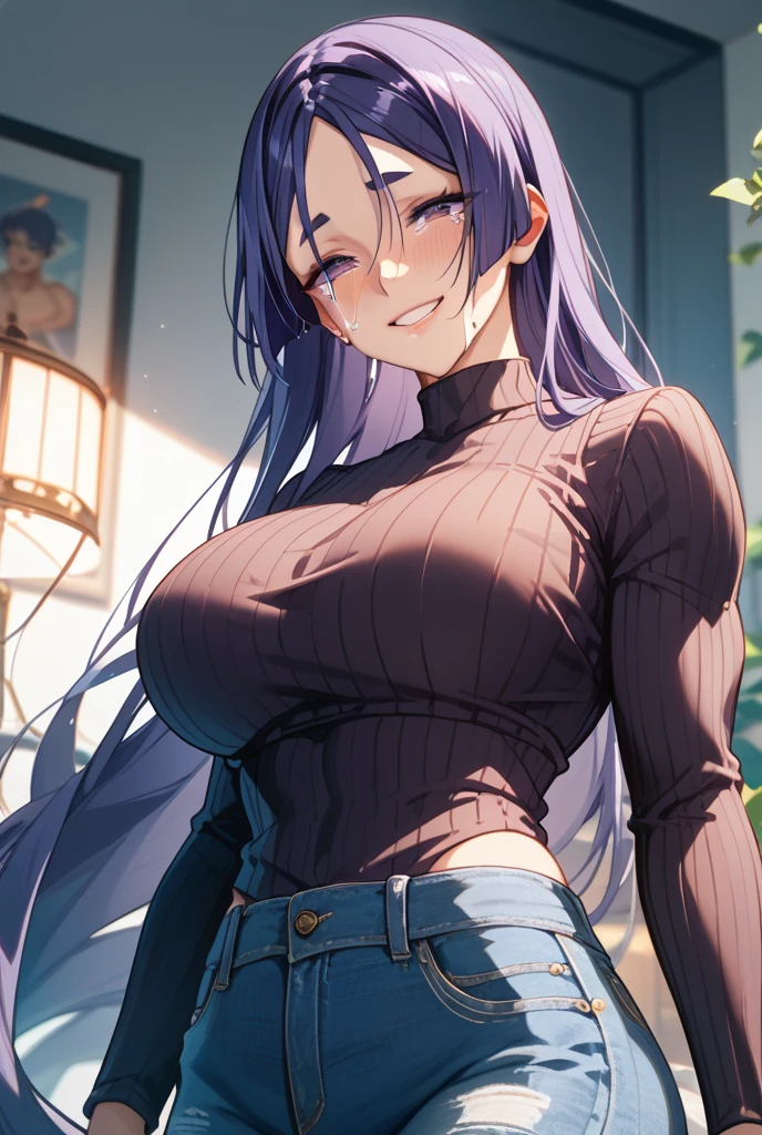 best quality, masterpiece, 1girl, (solo:1.1), raytracing, ultra detailed,detailed face, 8k wallpaper, large breasts, wide hips, smile, <lora:more_details:1>, ShionTensuraNDV, long hair, ponytail, ((single horn)), oni, purple hair, purple eyes, breasts, looking at viewer, purple pants, (shirt:1.2), purple jacket, cleavage, standing, outdoor, <lora:ShionTensuraNDV:0.7>, (open jacket:1.3), (green shirt:1.3)