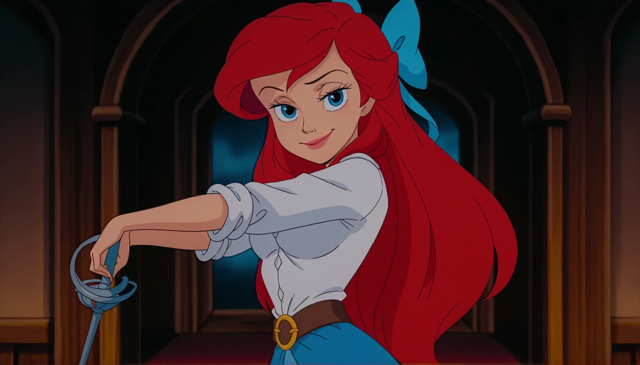 ariel as pirate captain, (anime screencap:1.2), blurry background,1girl, medium breasts, (ArielXL:1.1), long hair, red hair, blue eyes, white button down shirt, rolled sleeves, hair bow, belt, naughty face, smile, looking at viewer, proud pose, holding rapier on her shoulder