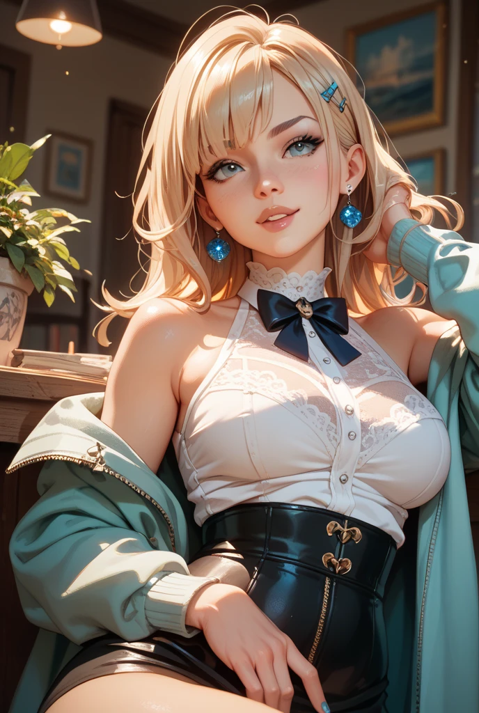 (Blonde stunning hair), (blue eyes), blue necklace, Golden earrings, Fit, Gorgeous Body, gorgeous, brown eyebrows, (two moles over lip), big pupils, (23 years old), 1girl,solo, complex skin, warm light, (large breasts), wide thighs, round butt, 5 fingers, ((blushing)), ((detailed face, best quality)), (masterpiece)), ((ultra-detailed)), (beautiful detailed eyes),depth of field, female focus, looking at viewer, (coat_on_shoulders)!!, blush, closed mouth, peach lips, seductive smile, detached sleeves, earrings, fingernails, (golden hair pin ornament)!!!, (wear jacket coat)!!!, detailed realistic coat, jewelry, yellow gemstone, detailed jewelry, neck garter, necklace, (covered chest)!!, (Coat_on_breast)!!, open skirt, slim legs, petticoat, fishnet legs, pantyhose, smooth thighs cleavage, garter thighs, detailed eyes, (sharp eyes)!!, (exposed eyes)!!, cherry blossom, window, There are birds in the sky, There are butterflies, Snowy mountain in the background of windows, The sky is blue, river outside the room, (correct anatomically)!!, full body