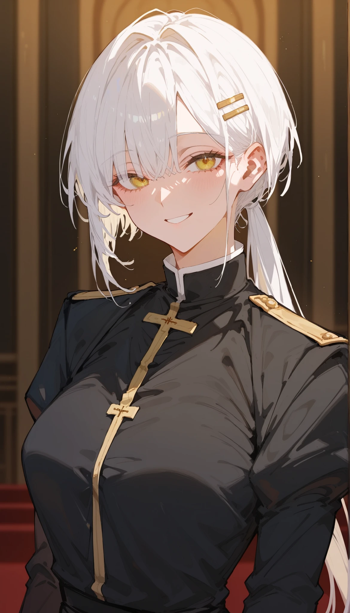 girl,white hair,in a yellow eye,,long hair,priest,Milf,short hair,Spotted hair,Hair clip ,long ponytail,Black suit,,smile,slim,รูปร่างกายgirlนบน,
