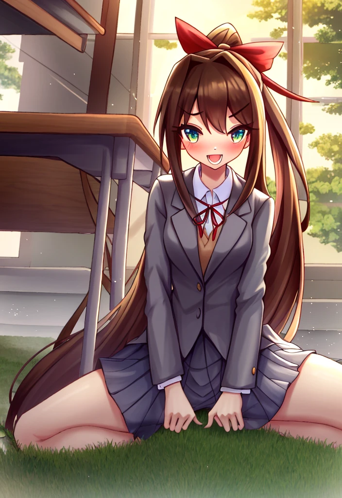 masterpiece, best quality, detailed, 1girl, solo, classroom background, thick thighs, thigh gap, sitting on chair, smug face,, , <lora:Kuavera-Style:1>,, Monika, bangs, very long hair, long hair, neck ribbon, ponytail, shirt, school uniform, hair bow, white bow, pleated skirt, brown hair, grey jacket, sidelocks, solo, blush, blue skirt, skirt, 1girl, big breasts, blazer, green eyes, <lora:Monika:0.6>
