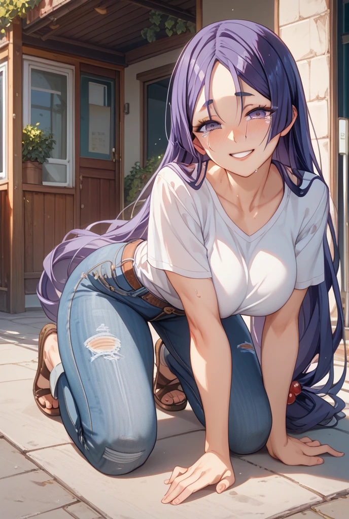 (masterpiece, best quality, ultra-detailed), keqing \(genshin impact\), (purple hair), cone hair bun, twin tails, long hair, swept bangs, braid, braided bangs, purple eyes, pink eyes,
(wearing a t-shirt:1.2), sitting on a chair outside of caf, embracing the natural beauty, sunlight, beautiful cloudy sky, city, street, denim shorts, black stocking,
medium breasts, thick thighs, critical angle, cowboy shot, arm behind head, arm behind back, armpits, light smile, crop top, strong and seductive expressions,,