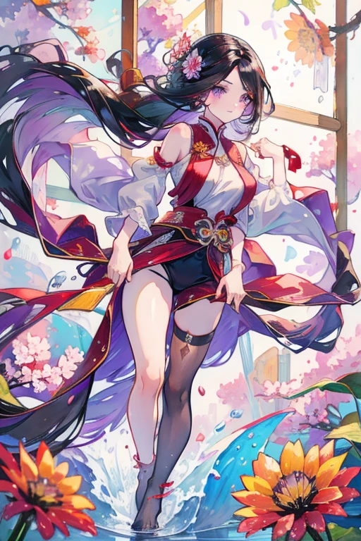 best quality, extremely detailed, anime style adult 1girl, long hair down to the waist, straight hair, ((dark black hair with bluish)),crown braid,beautiful detailed eyes, pinched eyes, dark blue eyes, huge breasts,curvy,(((colorful clothing))),Active Clothing,Clothing with intricate decorations,((foppery shoes)),jumping,animation cap,animated gif,((((Cherry Blossom Park)))),((pov))