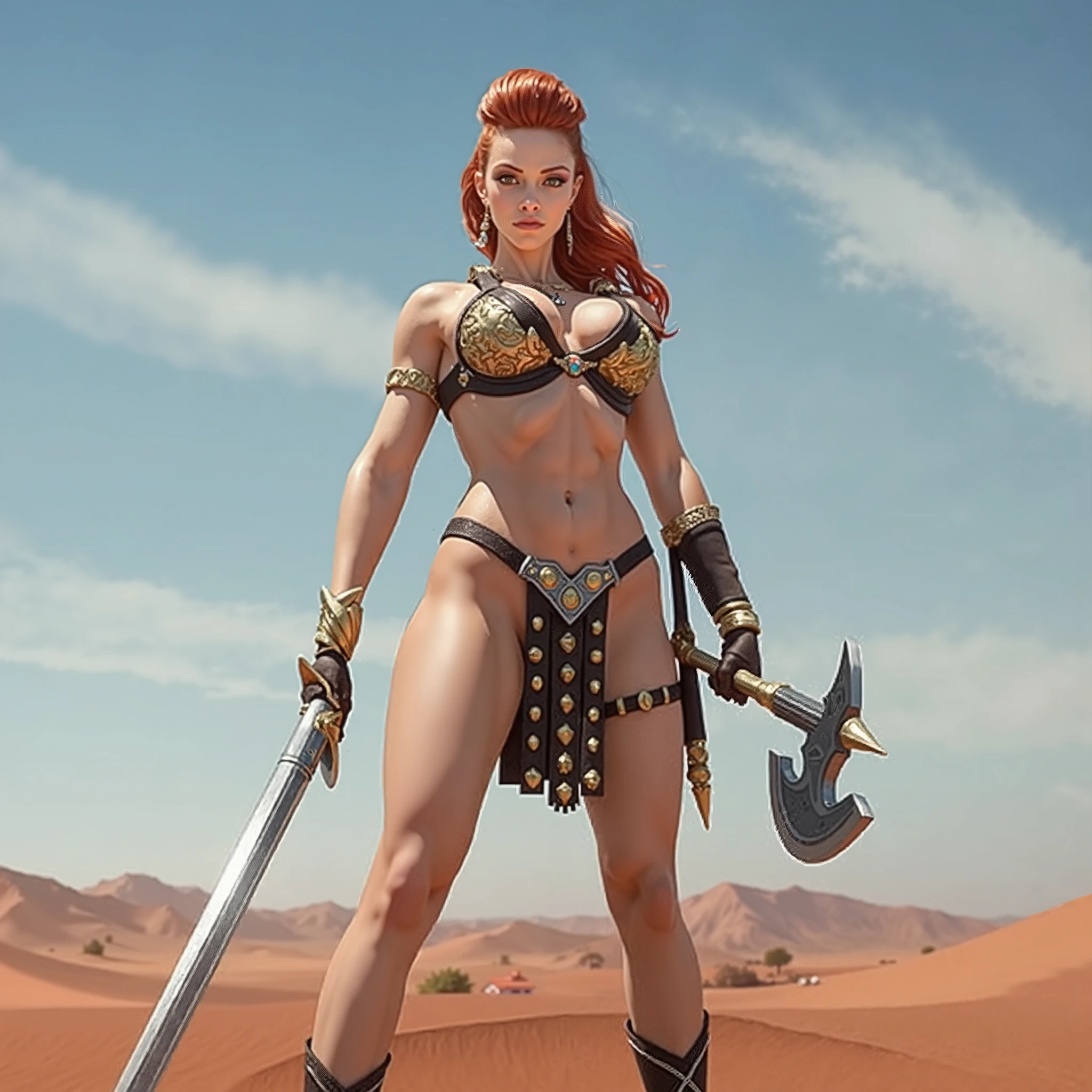 Red Sonja, mulher guerreira, cabelos longos, ruivos, olhos selvagens, voluptuosa, athletic, usando uma cota de malha prateada cobrindo os seios, tanga curta feita de pele animal,botas de couro bordado envelhecido, suando,em uma batalha mortal contra seus inimigos Khitaneses no deserto da Hirkania. film composition photography, Very detailed, extremely high-resolution, cor profissional, luz maravilhosa, luz do dia, 300k resolution, altamente realista, muitos detalhes.