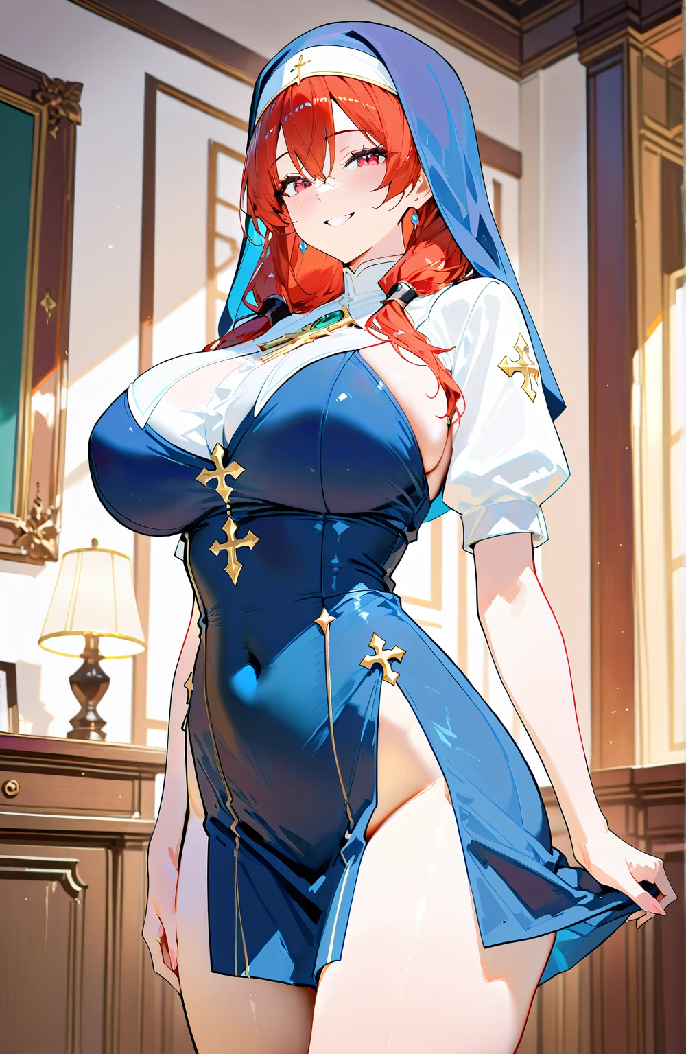 Big-breasted girl with a full view of her pussy,Sexy poses,Arcaniic smile,(Medieval female wizard)),(Mucha in the background)