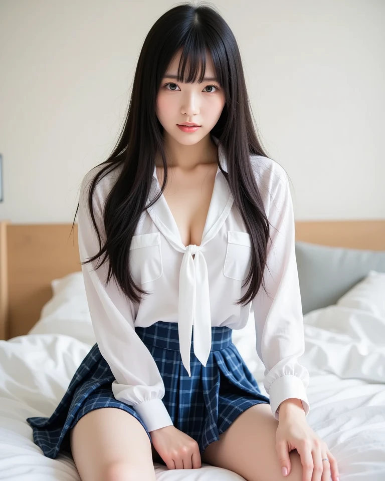 on the pink bed、(Angle from directly above:1.5)、(ベッドの上でOn your backになっている:1.8)、(On your back)、(taking off clothes)、(the skirt is turned up)、(I can see my pants:1.8)、((No makeup:1.2))、(completely open shirt:1.8)、(disheveled clothes)、(sexual、realistic、Photoreal、super detailed、best detailed skins、highest quality、masterpiece、Super high resolution)、cute japanese woman、、high school girl、young girl、1 girl、have bangs、double eyelid、purity、double teeth、realistic肌タイプ、fluffy hair、red cheeks、(school uniform shirt)、white shirt with long sleeves and collar、(Dark blue skirt)、(Girly room)、bright atmosphere、8K RAW photo、High resolution、(very big round breasts:1.2)、beautiful eyes、detailed eyes、drawn in detail、long eyelashes、美しいdouble eyelid、beautiful and very thin legs、(Beautiful and very thin thighs),simple necklace、short skirt、Quite embarrassed look、red cheeks,duck mouth、evil smile、evil look、beautiful and very thin legs、Beautiful and very thin thighs、Detached tie、raising both arms