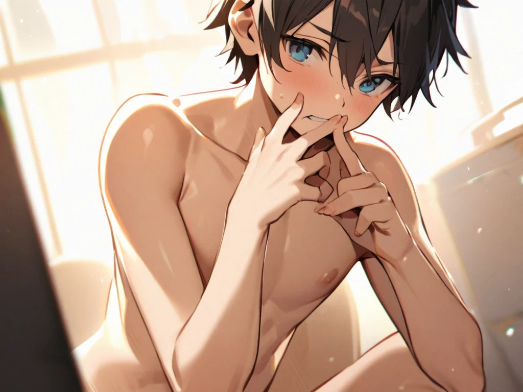 source_anime, rating_explicit, score_9, score_8_up, score_7_up, 1boy, femboy, portrait, indoors, medium length hair, brown skinned femboy, hair over eyes, ((brown skin)), messy hair, ikuchan, black hair, masterpiece, high-quality, small penis, BREAK, 1boy, muscular, white skinned, light skinned male, dominant light skinned male, sex, anal, doggstyle, large white male, ((size difference)), huge penis