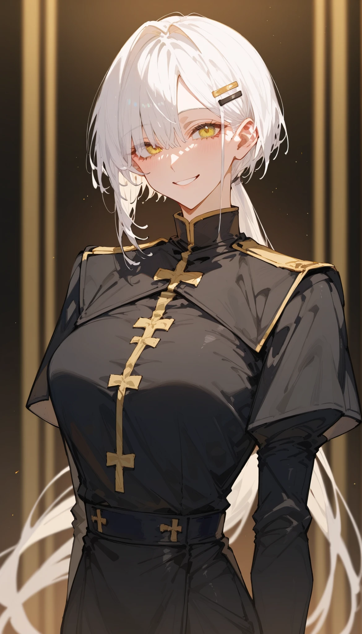girl,white hair,in a yellow eye,,long hair,priest,Milf,short hair,Spotted hair,Hair clip ,long ponytail,Black suit,,smile,slim,รูปร่างกายgirlนบน,