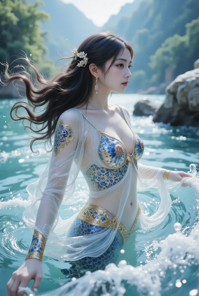 Beautiful woman at 20 years old、Wavy shorthair、Beautiful big eyes、Detailed cute face、Superb Style、Taut、toned waist、Beautiful butt、A smile full of happiness、See-through string bikini、String pants、