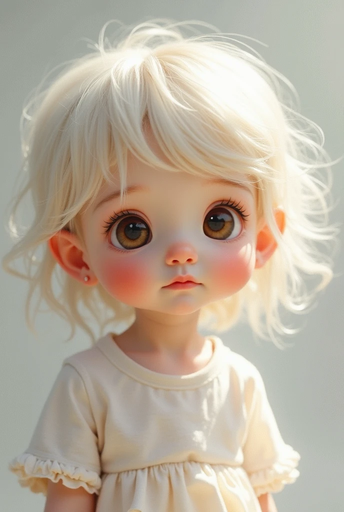 An albino ager, fluffy white hair, ocean blue eyes, chubby cheeks and big lips