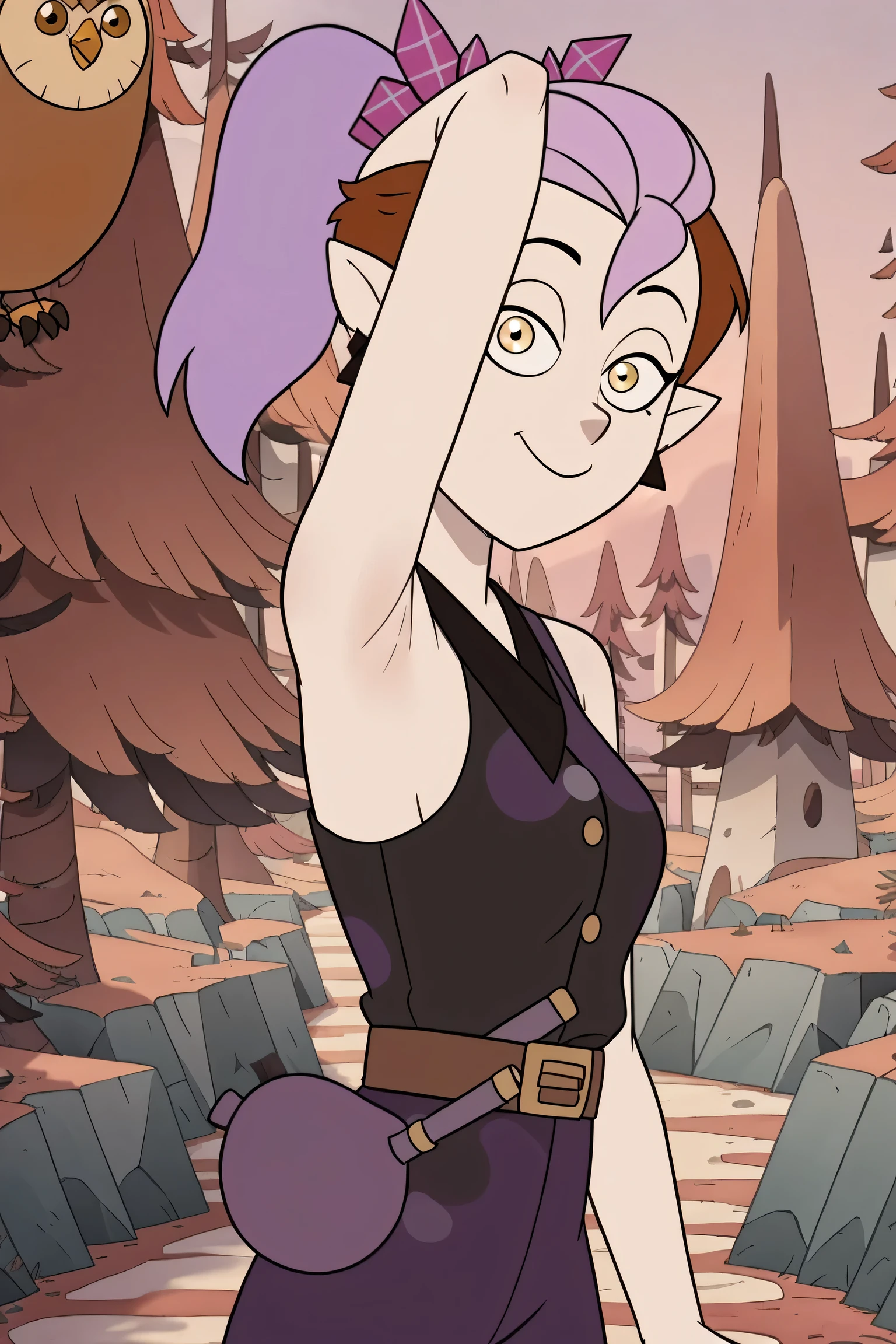 score_9, score_8_up, score_7_up, masterpiece, best quality, amazing quality, anime screencap, anime coloring, source_cartoon, source_anime, BREAK, 1girl, solo, the_owl_house, show_accurate, accurate_art_style, flat_color, flat_colors, vibrant, the_owl_house_show Amity_Blight, Adult_Amity_Blight, earrings, triangle_earring, multicolored_hair, purple_hair, pink_hair, brown_hair, ponytail, pointy_ears, pale_skin, yellow_eyes, bandana, bare shoulders, bare arms, arm up, raised arm, armpit, armpit focus, head towards viewer, looking at viewer, smile, smug, closed mouth, (light source in front:1.1), outdoors, village, sunset, from side, from behind