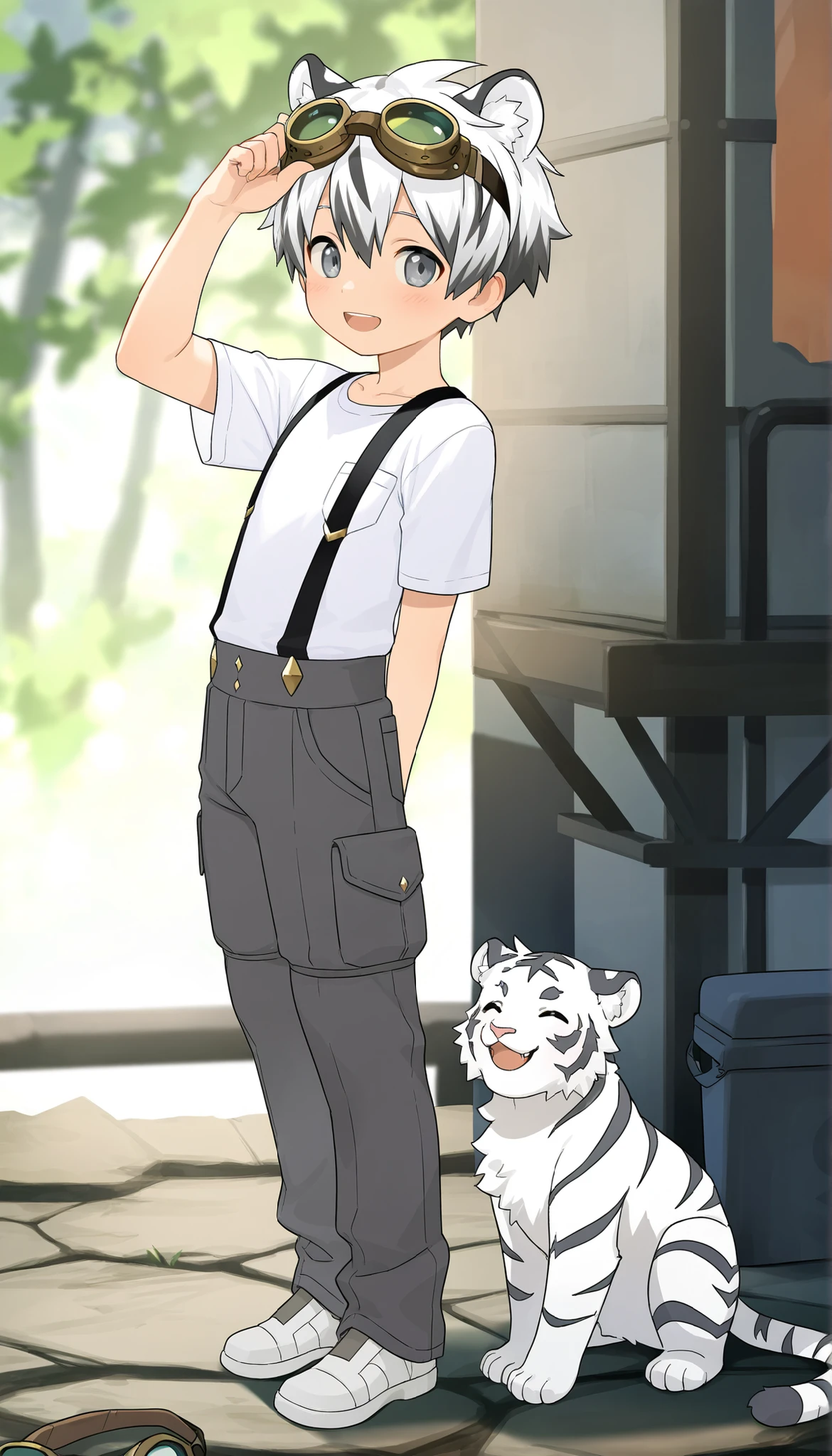 White T-shirt,,((dark grey suspender pants)),grey low rise pants,a boy, short hair,cute,goggles worn on the head, White Tiger Ears , masterpiece, best quality ,male focus, Shota,Short sleeve,Standing,happy,pocket,full body image