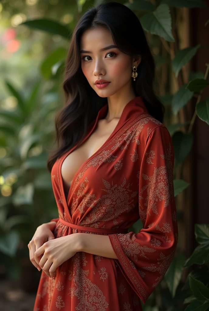 masterpiece, ultra realistic,32k,intricate details, sharp focus, realistic, closed, seductive pose, black eyes, jewelr, lips, realistic, looking_at_viewer, 1girl, sexy, wet skin, shiny skin, long sleeves, indonesian clothes, bali, balinese, cityscape, dinamic pose, red kebaya, saroong, sandals, full body, busty body, curvy body, c cup size breast, long hair, bang hairstyle, beauty face, front view, figure to camera, face to camera, long distance shot, correct anatomy, perfect anatomy, 2hands, 2feet, 5finger, propotional body