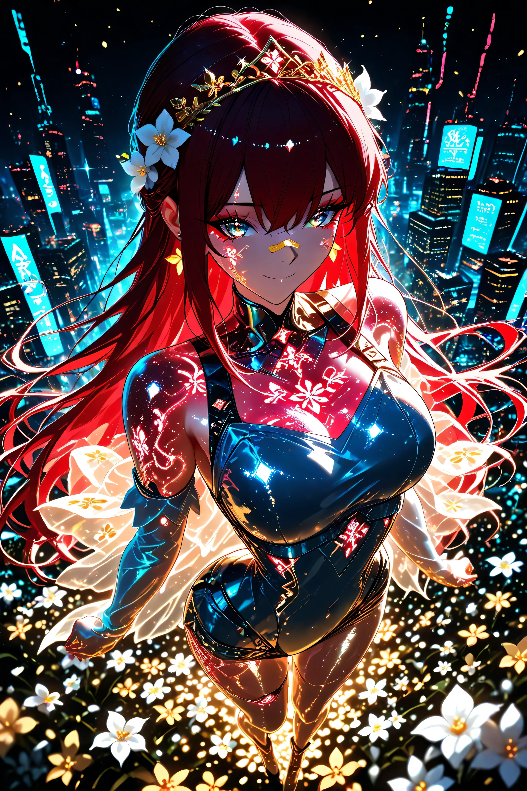 from above, (cyberpunk:1.4), earrings, jewelry, flower, armor, hair ornament, building, city, facial mark, petals, multicolored hair, hair flower, white flower, weapon, bandaid, pills, sickly, eyebags, bandages, medications, stitches, hurt, ill, bandaid on face, hair ornaments, kawaii 1 girl , golden eyes , very long hair , long sidelocks, red hair ,half updo, petite , very cute , beautiful ,Straight hair, cool, handsome, hair between eyes, sexy, female, medium large breasts, solo, (sharp focus, very aesthetic), (sparkling effect, glittery skin, oiled skin, glitter, shimmer, grow photos, sparkle powder:1.2), full body shot, face focus, catch light, facing forward, smile, looking at viewer, (perfect hands, perfect face, perfect eyes), detailed background, natural light, three-point lighting, (master piece, 8k high-resolution), (glow red makeup:1.2), (jewelry eyes:1.2), (floral tiara), ((exquisite illustration of a girl wearing flowers)), ((blooming flowers)), ultra detailed, perfect light, (glitter, shiny skin), {{neon, neon colours, neon glow}}, ((cyber background)), {{syber clothes, syber suit, cyber outfit}}