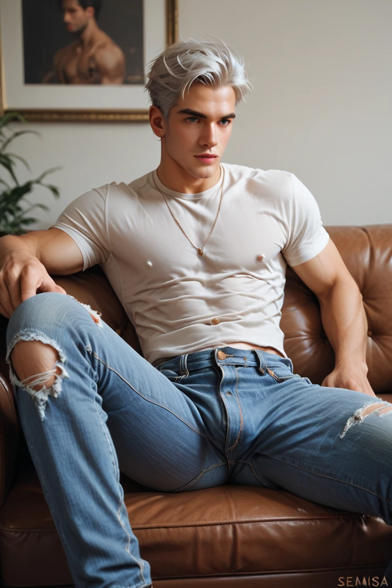 man sitting on a couch,jeans pant,soft facial hair,face detail,glasses on, a portrait by Peter Alexander Hay, Tumblr contest winner, pop art, milk bar magazine, eighties eros, mert alas and marcus piggott, Duncan figured, in style of petra collins, in the style of terry richardson, Patrick, 8 0 ’ s portrait, Jeremy Elbertson