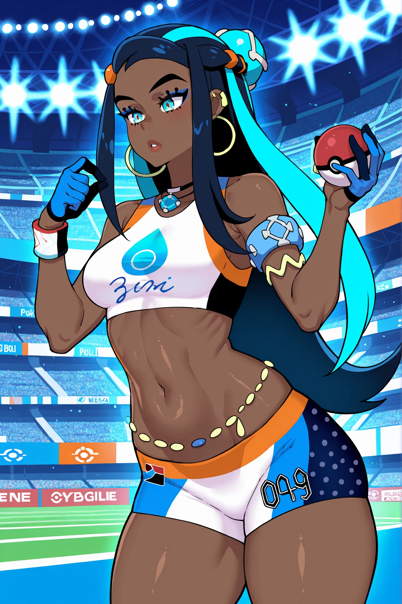 masterpiece, best quality, amazing quality, very aesthetic, absurdres, highres, newest,1girl,nessa (pokemon),one pokeball in hand,cowboy shot, cyboii,stadium, modeling pose