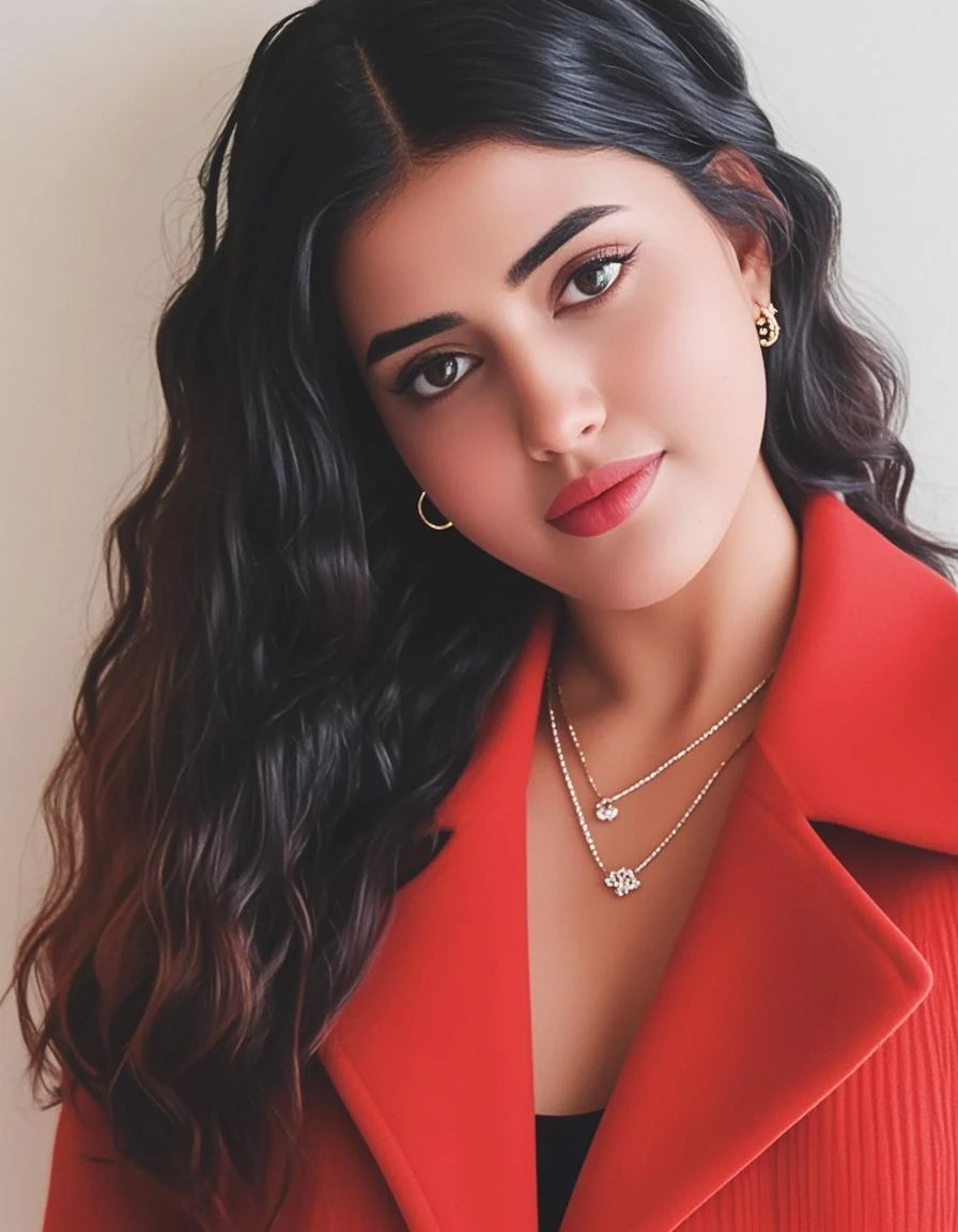 beauty, turkish, 24 years old, cabelo castanho ondulados, wearing a beautiful intricate bold and colorful blazer suit, Atmosfera colorida, Photo Studio, artistic, holding a mug of coffee, (tiny chest:1.4), double eyelids, (Big eyes:1.1), red lips, facing front