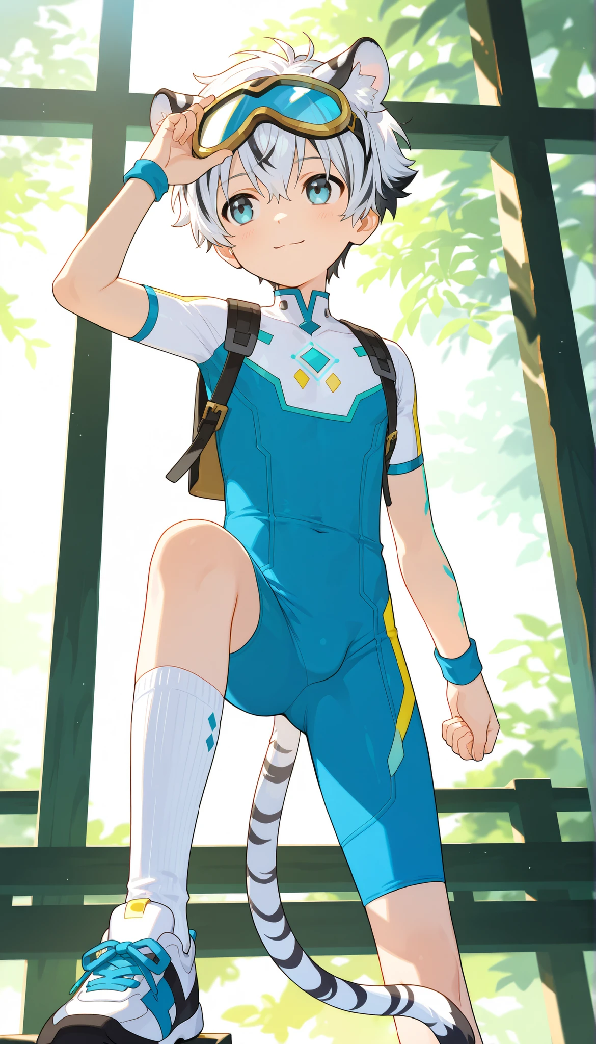 a boy, short hair,cute,一个棕发的穿着白色裤袜的 Shota, wearing goggles on the head, White Tiger Ears , masterpiece, best quality ,male focus, Shota,summer,Short sleeve,cowboy shot,Little Hero,happy,(( white socks)),sneakers,shota wearing a form-fitting bodysuit with a futuristic design featuring blue, and white colors along with stylized graphics. The person's left hand rests on their torso, capturing the length of the body. The background shows a striped bedspread and indoor surroundings. Natural lighting softly illuminates the scene from the left, with a calm and relaxed atmosphere.