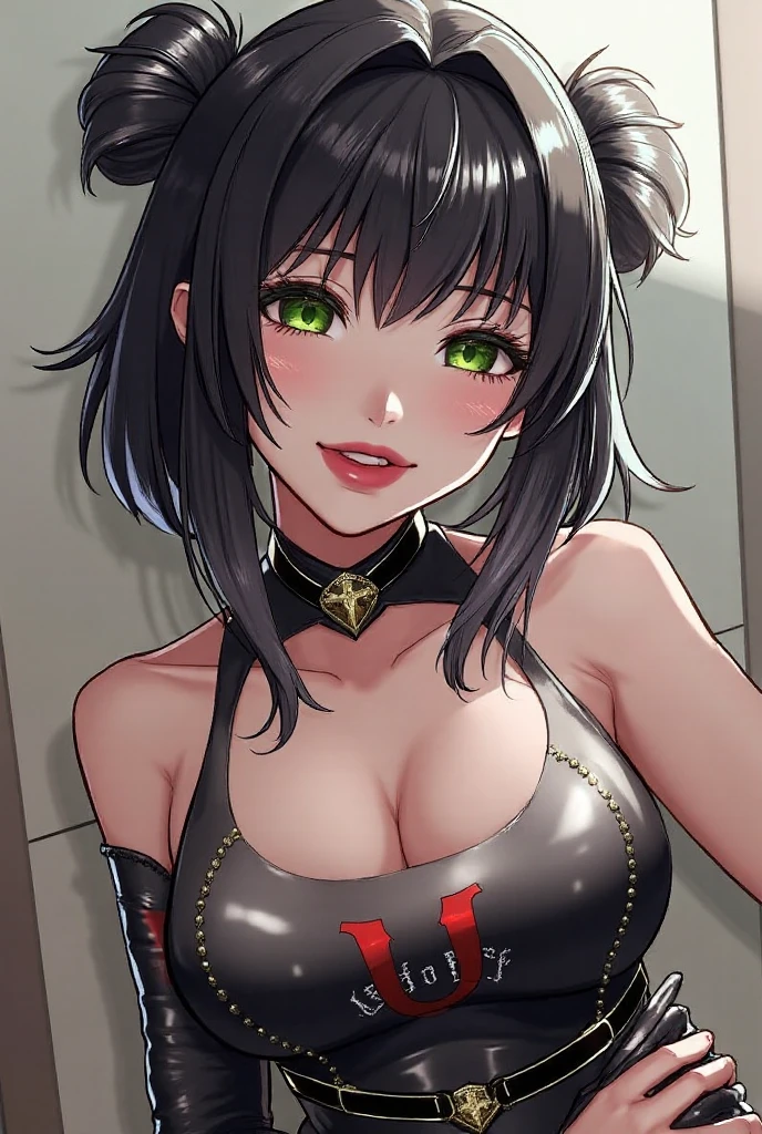 baby face, short black hair,curly hair,wavy hair, (photorealistic:1.4), (masterpiece, sidelights, exquisite beautiful eyes: 1.5), masterpiece*portrait, realistic, 3D face,kawaii face,front view: 1.5、 (glowing green eyes:1.2),plump face:1.5,(tareme:1.5)、evil grin,Rosy Mouth,Slim Body,abs, shiny hair, shiny skin: 1.5、large breasts:1.3,solo,(sit)、(cutout between underboob and crop top)、(charactor focus:1.5、portrait)、upper body,