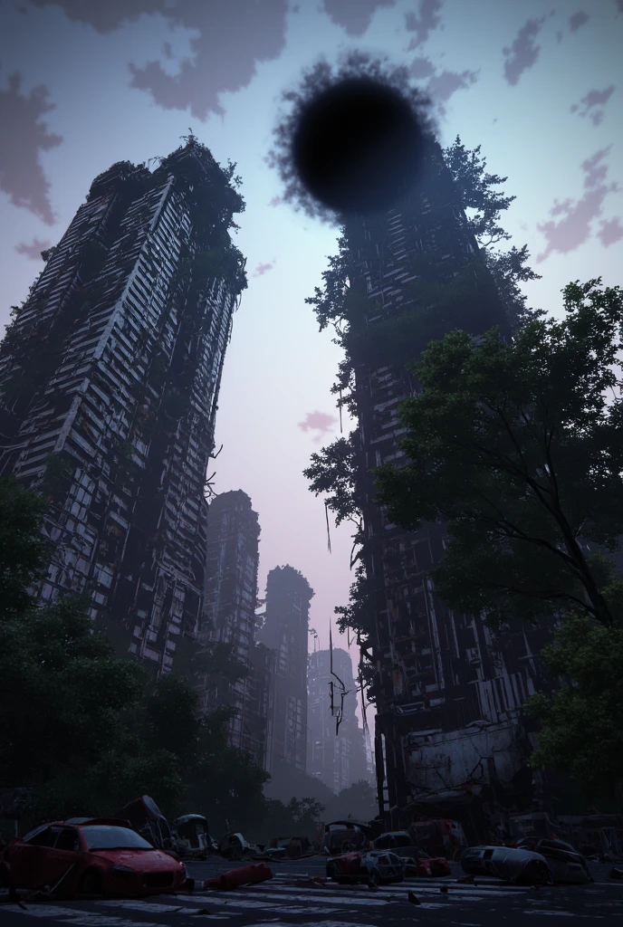 apocalyptic city, skyscraper building destroyed, abandoned, overgrown with large plants, black hole in sky, broken cars scattered, cinematic, dramatic lighting, muted color palette, post-apocalyptic, 8K, ultra-detailed, photorealistic, moody, gloomy, dystopian, sci-fi, environmental concept art