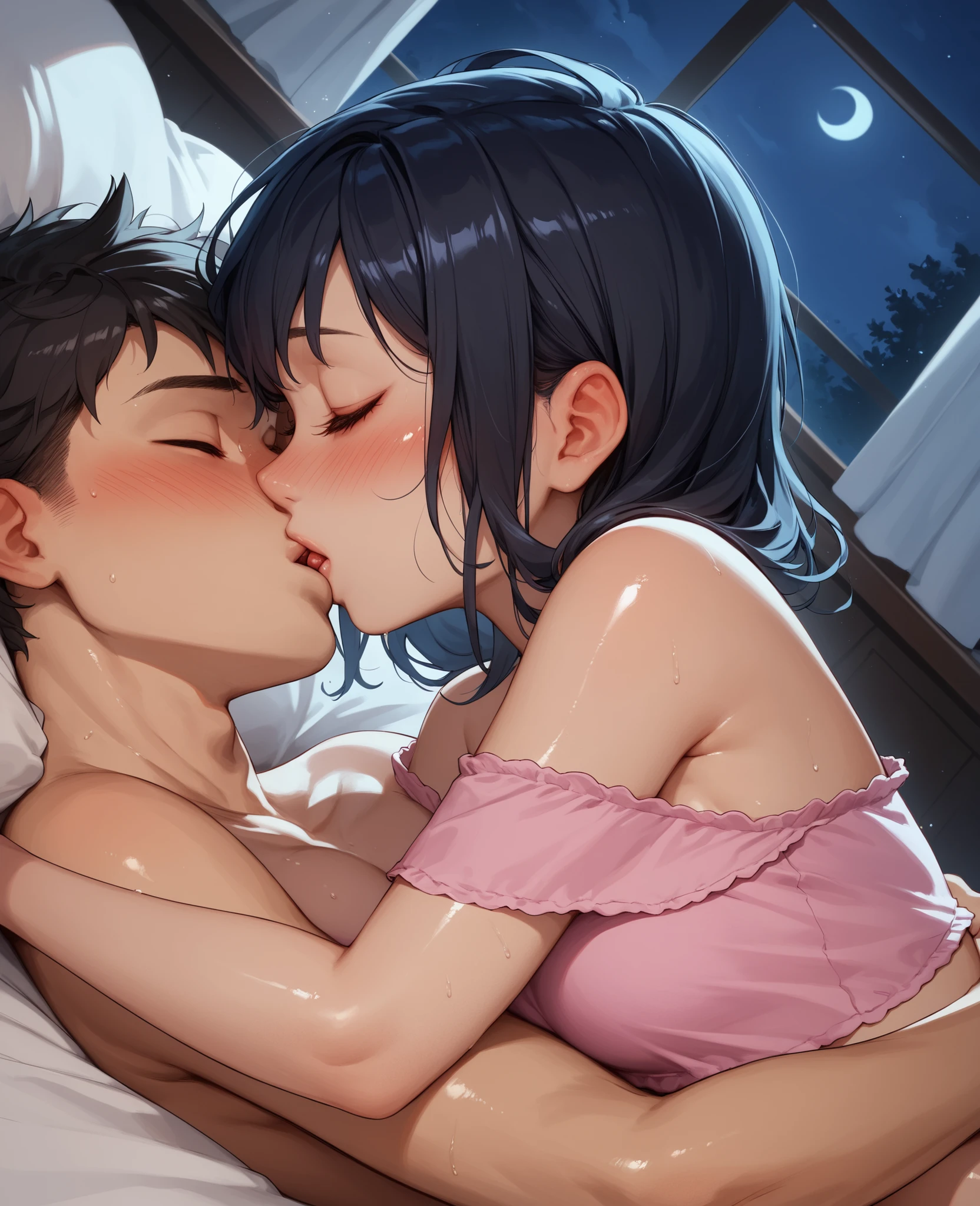 score_9, score_8_up, score_7_up, 1woman, solo, hair, closed eyes, fair skin, fair-skinned female, black hair bob, lovely medium breasts, perfect body, pink crop top, messy clothes, exposed shoulder, sweat, female organism, open mouth, looking at viewer, head tilt, nose blush, blush, indoor, bedroom, night time, late night, shiny skin, against bed, lying down , upper body, 1girl, 1boy (faceless, face on girl's face,
intense kiss, deep kiss, kiss ), hug. Dutch angle.