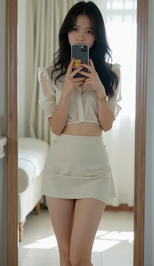 (8K、RAW Photos、Highest quality、masterpiece:1.2)、(Realistic、Realistic)、1 Girl、((one piece:1.2、Thin legs、whole body、View from the front、smile、Looking into the camera、Hold your skirt with both hands and show me your panties))、cute