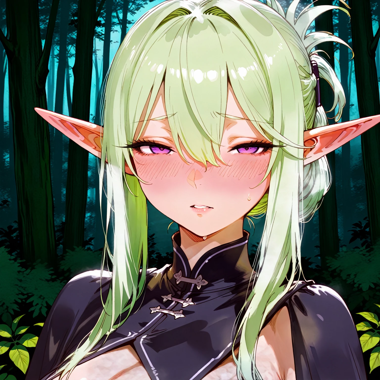1Goblin girl, ((((white hair)))), (((purple eyes))), ((Green skin)), ((((grandes breasts)))), ((no espression)), ((best quality)), (((dress))), ((sexy)), (detailed), perfect face, ((style novel)), beautiful cores, ((anime_Colores)), ((in room)) , (Alone)