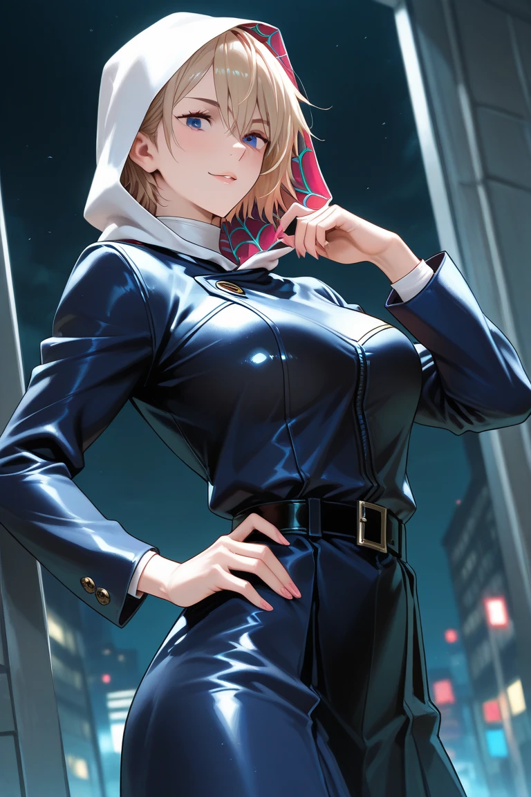 (Night:1.7), Cyberpunk_CityView, Before Window,
standing at attention,
Blue_uniform,Blue_jacket,long_sleeves,Blue_Long_pants,armor, armored_dress,
nishikigi chisato, short hair, bangs, blonde hair, (red eyes:1.5), hair ribbon, one side up, bob cut,
1 girl, 20yo,young female,Beautiful Finger,Beautiful legs,Beautiful body,Beautiful Nose,Beautiful character design, perfect eyes, perfect face,
looking at viewer, (innocent_big_eyes:1.0),(expressionless:1.3),
NSFW,official art,extremely detailed CG unity 8k wallpaper, perfect lighting,Colorful, Bright_Front_face_Lighting,
(masterpiece:1.0),(best_quality:1.0), ultra high res,4K,ultra-detailed,
photography, 8K, HDR, highres, absurdres:1.2, Kodak portra 400, film grain, blurry background, bokeh:1.2, lens flare, (vibrant_color:1.2)
(Beautiful,medium_Breasts:1.4), (beautiful_face:1.5),(narrow_waist),(perfect hands, perfect anatomy),