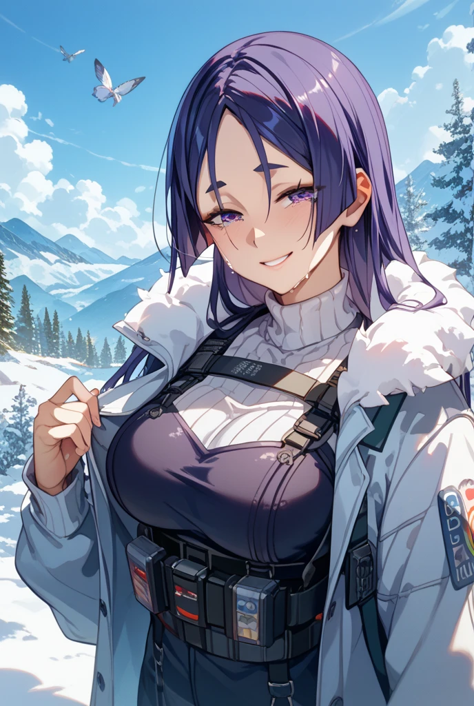 nsfw, (wearing nothing: 1.5), large breasts., 1 girl, empty eyes ,snow mountain, a girl, airplane, ice texture, trading card, furious, crying, kaito, two-toned hair, blue hair, purple hair, purple eyes, scarf, necklace,, short hair., , beautiful breasts, , ager, japanese idol, african, at funeral, fair skin, nipple , wet