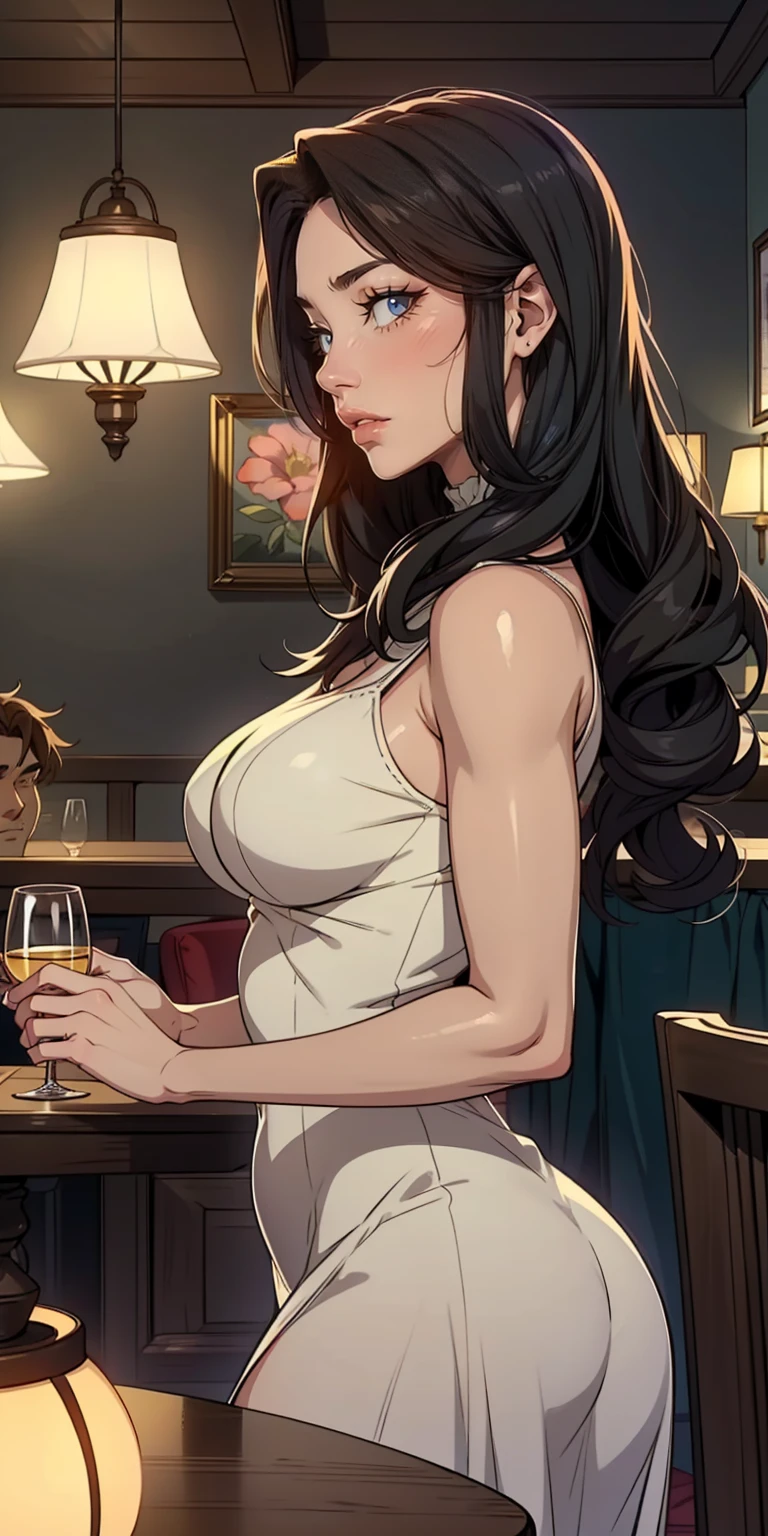 Jovial girl with mysterious and beautiful features, rosto fine and slender, fair brown-skinned, bright light brown eyes, long straight black hair with white highlights, She wears a long black dress with a low cut on the side of her thighs., has big breasts and a big ass, holds a glass of wine and is in a fancy restaurant. 